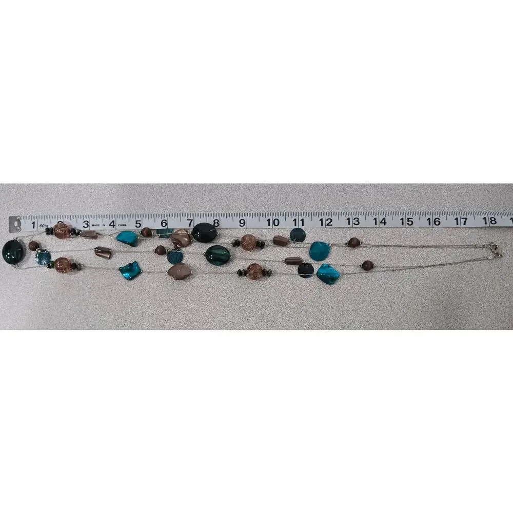 Silver Blue Green Stone Beads Double Strand Necklace Lobster Clasp